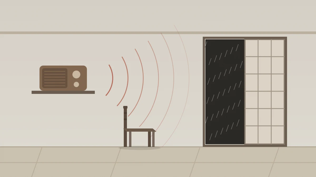 Original concept illustration — a quiet, cream-toned Japanese-style room with a wooden-cased radio on a wall shelf sending rings of brick-red sound waves into the room; in front of it stands an empty chair, and an open paper sliding door shows dark night and slanting rain outside