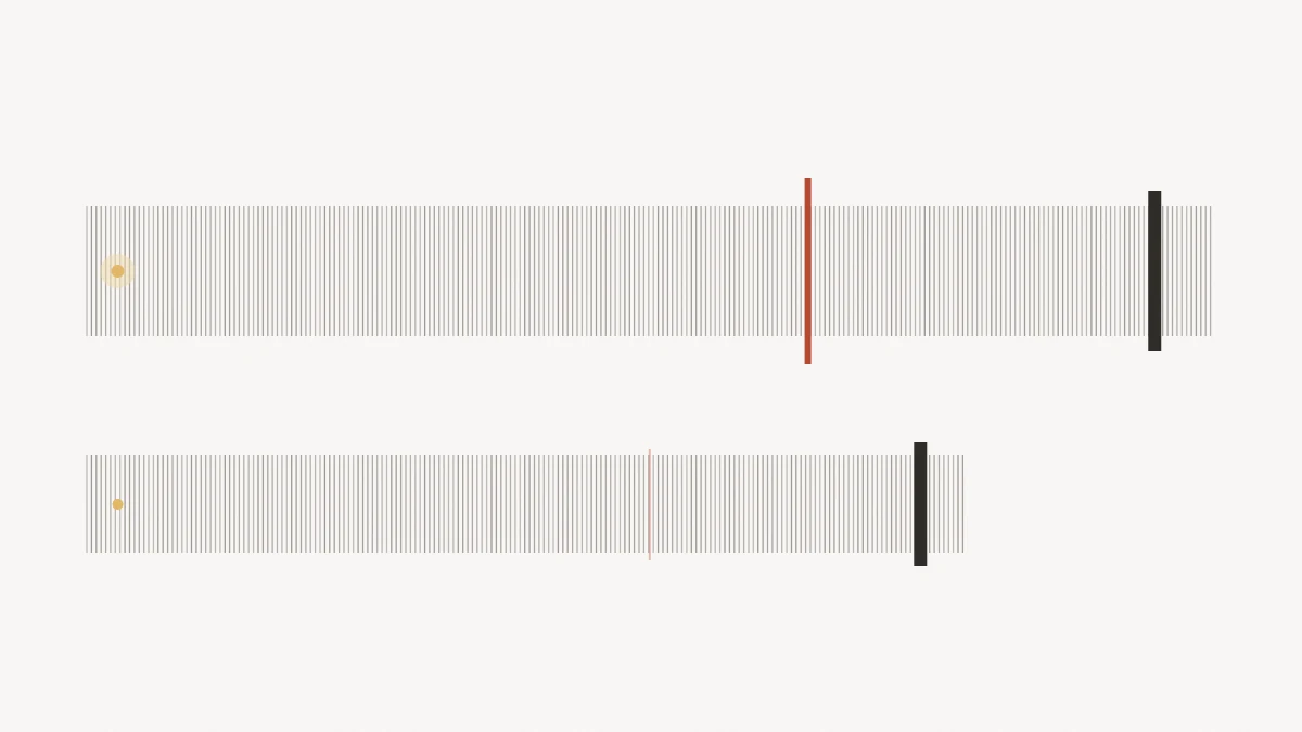Original concept illustration — a long band of thin grey vertical strokes runs across the frame; near its left end sits a small warm point of light, about two-thirds along is a single brick-red line, and close to the right end is a thick dark line; below it a shorter band repeats the pattern with the brick-red element visibly faded and thinned