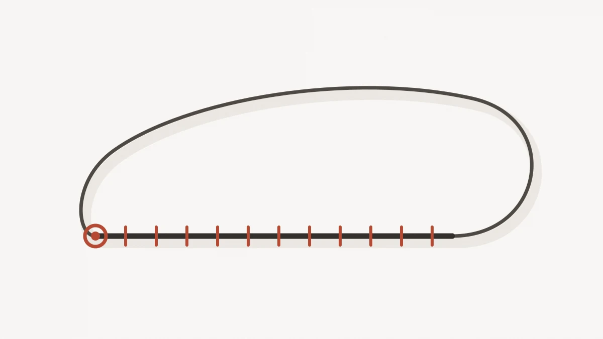 Original Arrival editorial illustration of a charcoal timeline running to the right, curving upward, and looping back to rejoin its own starting point, with brick-red tick marks spaced along the straight section