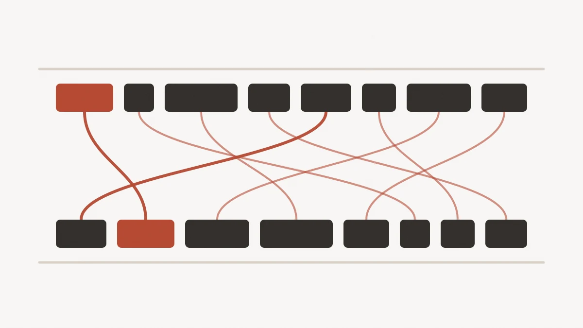 Original Arrival editing illustration: a row of evenly spaced charcoal blocks along the top, the same blocks rearranged along the bottom, and thin brick-red lines crossing between them to show which block moved where