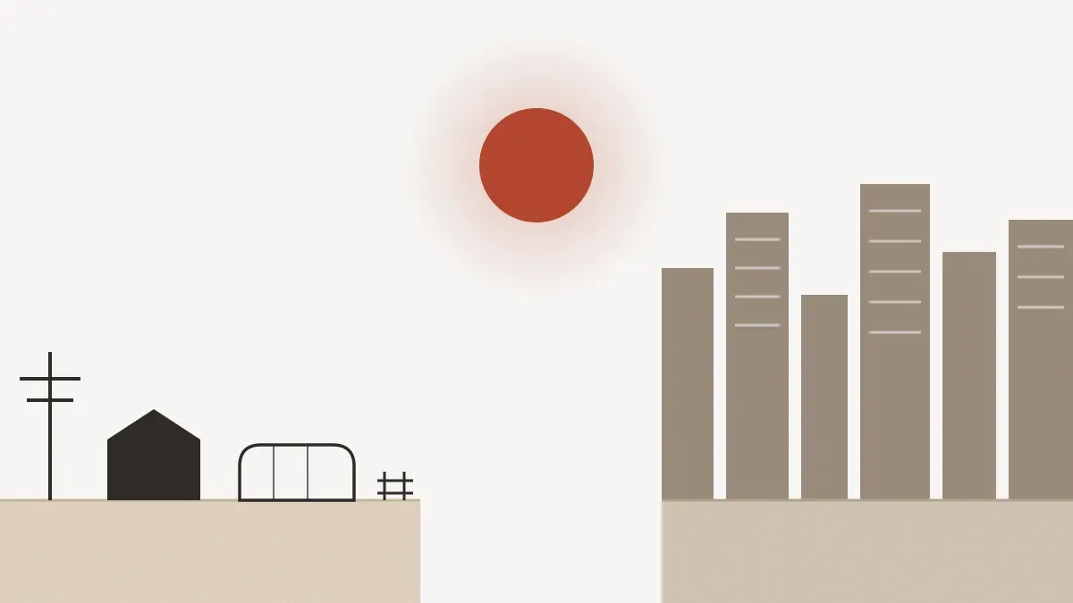 Original concept illustration — a low farmhouse and greenhouse on the left half, a skyline of tall towers on the right, a vertical band of empty space splitting the two worlds