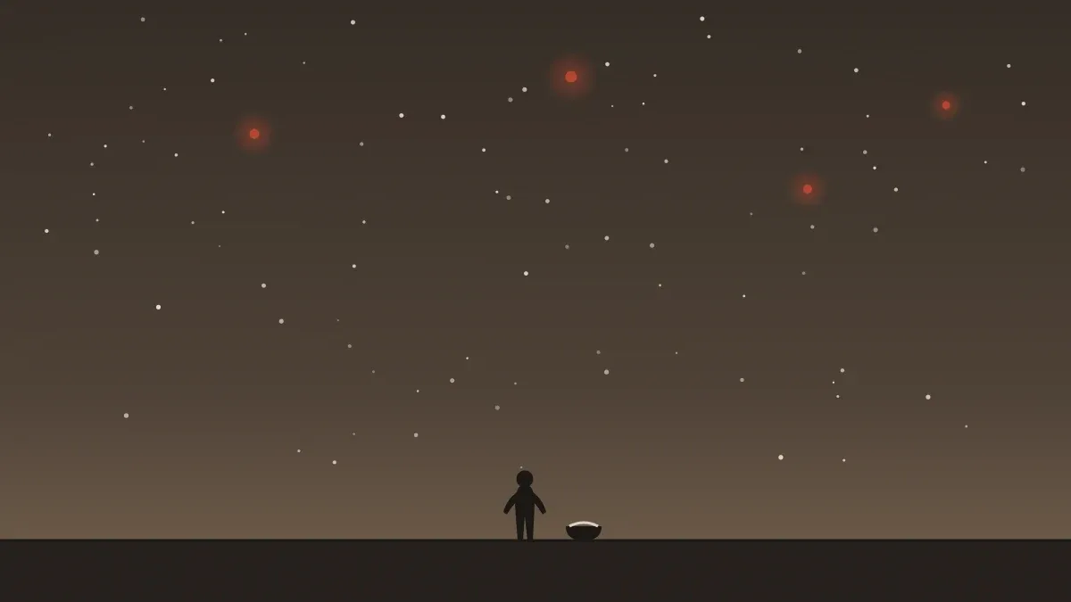Original concept illustration — a tiny figure and a bowl of rice at the bottom edge of the frame beneath a sky full of stars, a few of them burning brick-red as if trembling