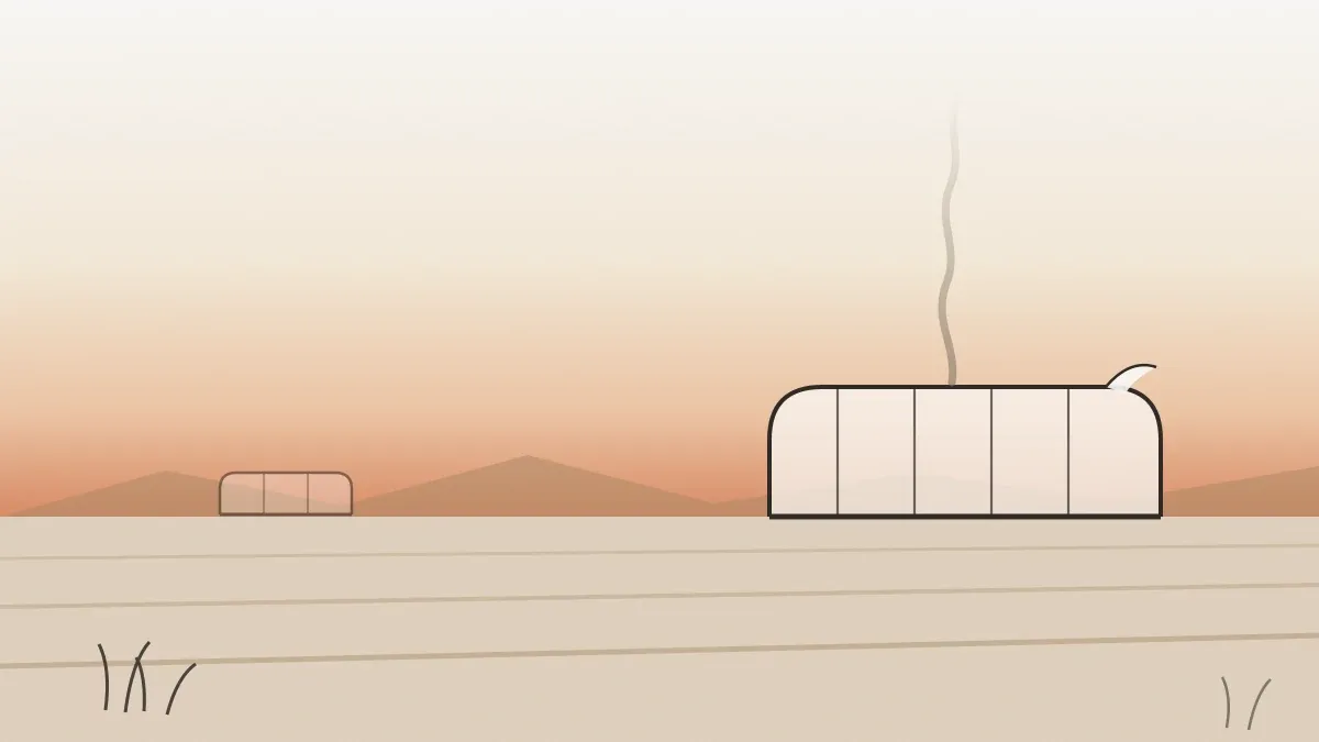 Original editorial illustration for Burning — a translucent plastic greenhouse on a dusk field, a thin thread of smoke rising from its roof under a brick-red afterglow and a wide, empty sky