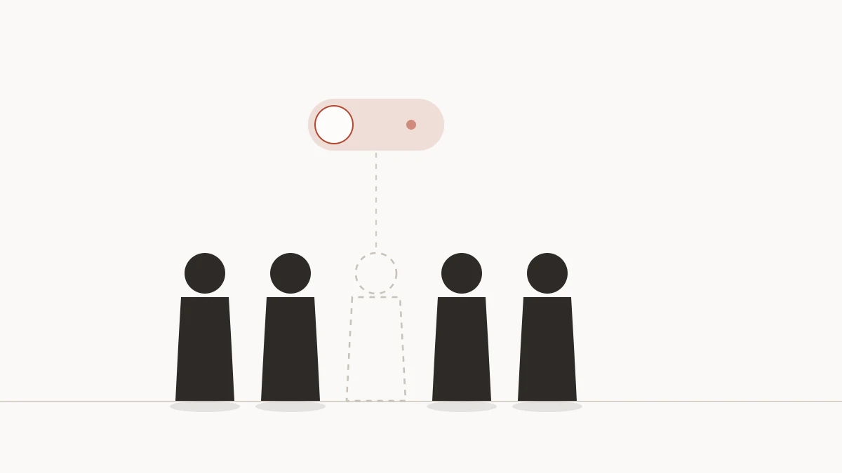 Original concept illustration — a row of figures standing shoulder to shoulder like a group photograph, the central one reduced to an empty outline the same colour as the background, with a minimal toggle switch beside it flipped to the off position