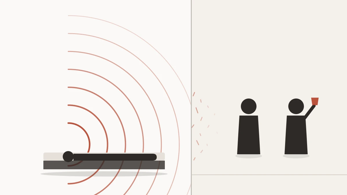 Original concept illustration — a small supine figure on the left emits concentric rings of sound that travel rightward and shatter into short fragments against a vertical boundary, beyond which two standing figures face away, one holding a raised glass