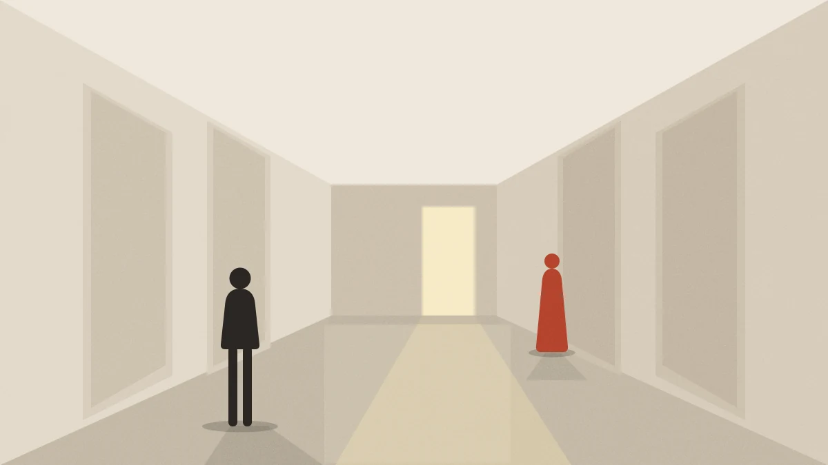 Original editorial illustration for In the Mood for Love — two anonymous figures stand against opposite walls of a long corridor, an empty stretch of floor between them and a panel of warm light at the far end