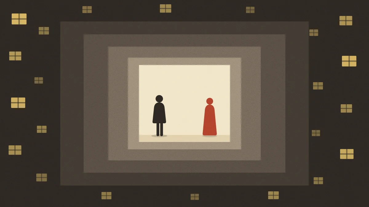 Original concept illustration — four nested doorframes recede inward toward a small lit room where two anonymous figures stand apart, while scattered lit windows glow in the dark border surrounding them