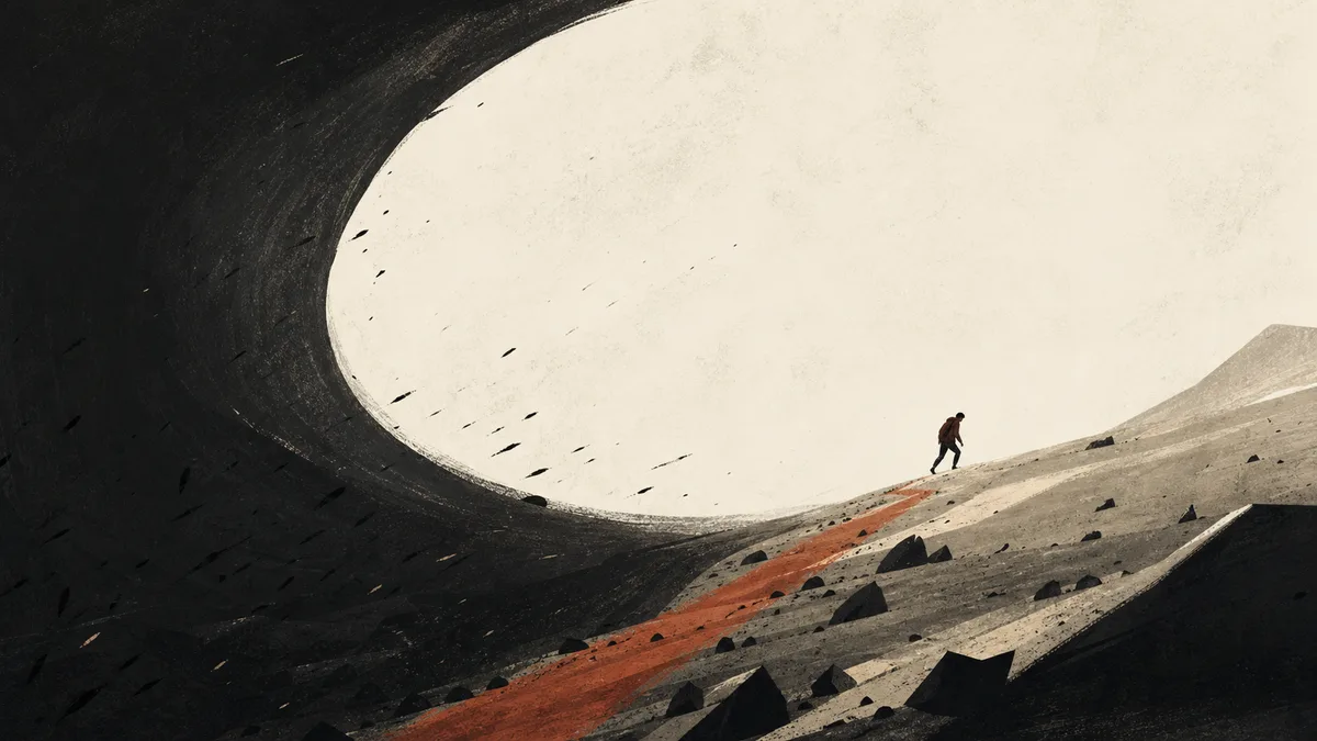 Original The Lord of the Rings trilogy editorial illustration of an exhausted anonymous traveler continuing uphill beneath a vast black shadow