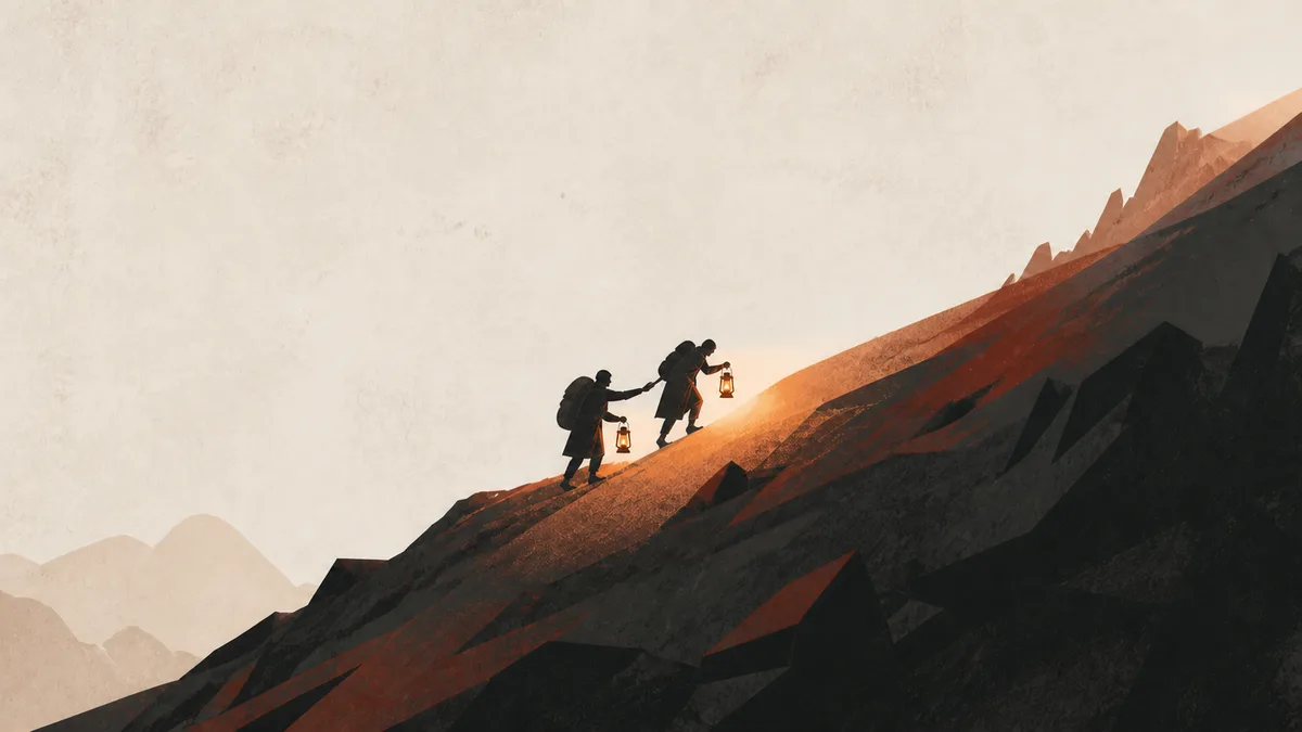 Original The Lord of the Rings trilogy editorial illustration of two anonymous travelers supporting one another on a steep dark ridge as their lantern light becomes one path
