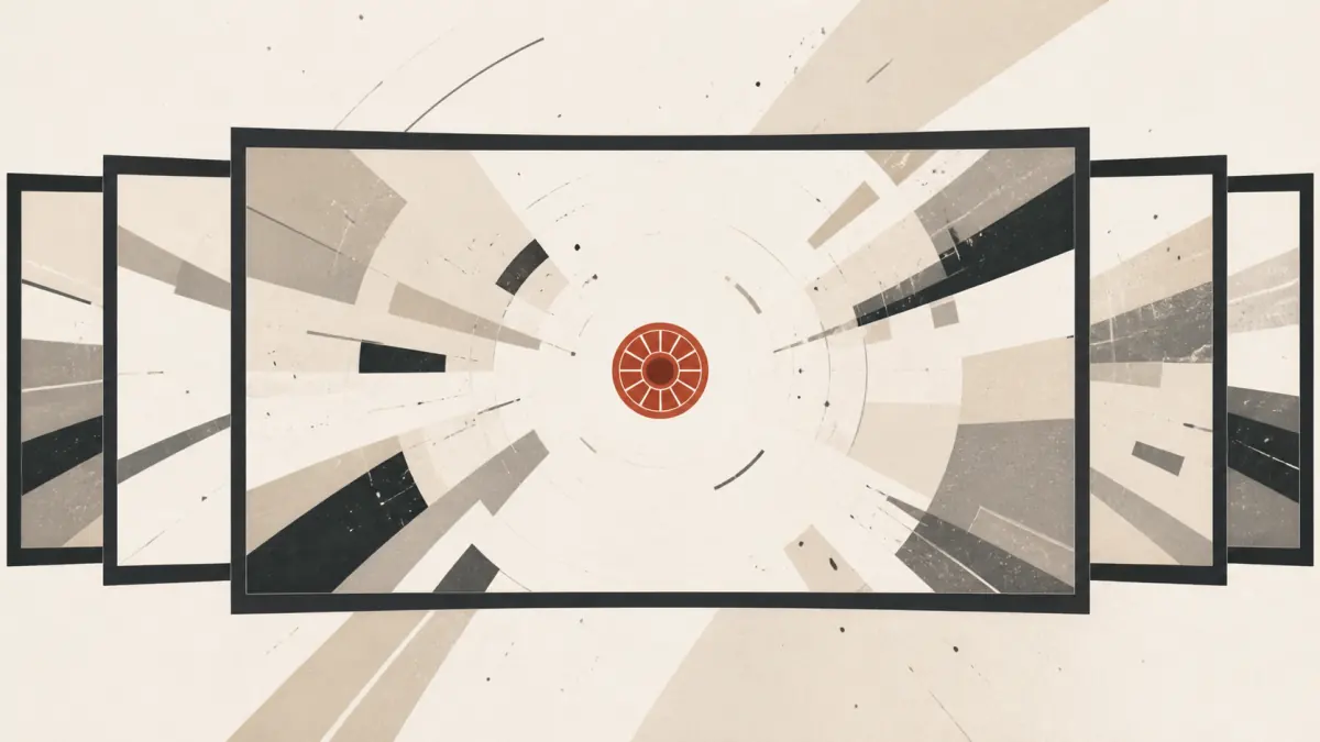 Original Mad Max: Fury Road editing illustration with several shifting charcoal widescreen frames arranged around one fixed brick-red focal circle at the exact center