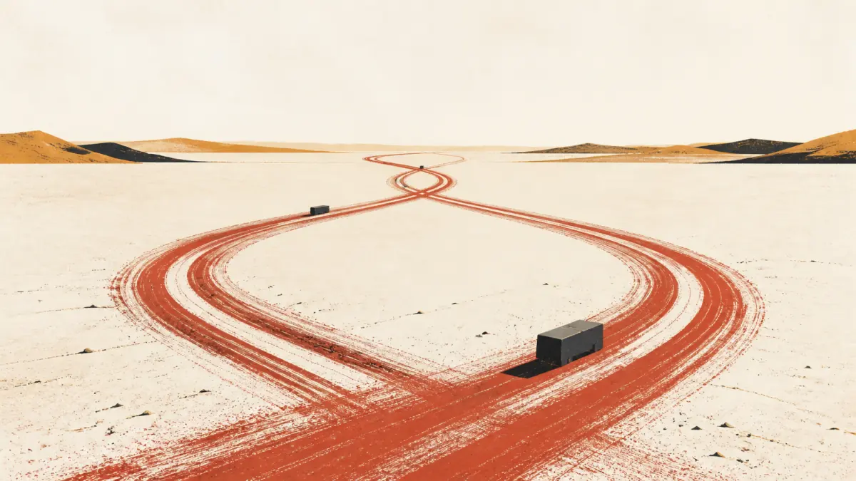 Original Mad Max: Fury Road editorial illustration of brick-red tire tracks crossing a cream desert, meeting at the horizon, and looping back toward the viewer