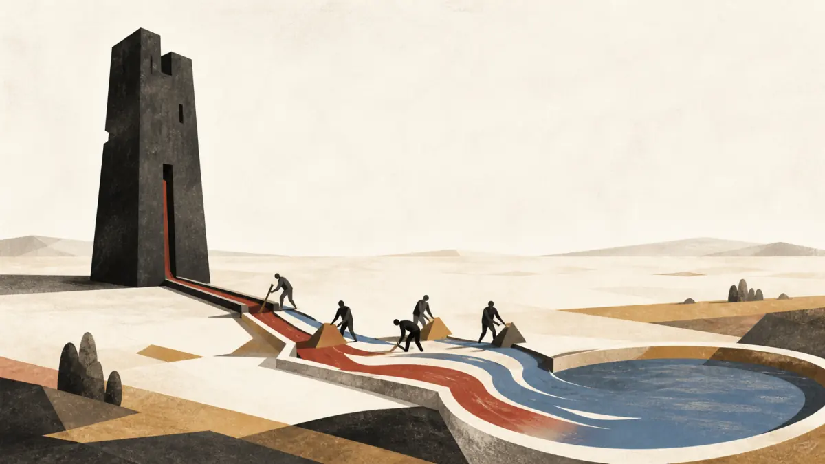 Original Mad Max: Fury Road political illustration of anonymous figures redirecting brick-red and blue channels from a dark isolated tower toward a shared desert basin