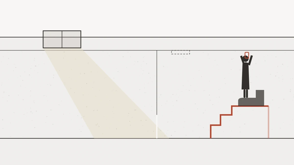Original concept illustration — a section through a semi-basement: the ground line runs across a small window, a shaft of daylight slants down onto the floor, and at the far right a brick-red stepped platform carries a toilet on which an anonymous figure stands with a phone raised almost to the ceiling, where a dashed square panel is marked