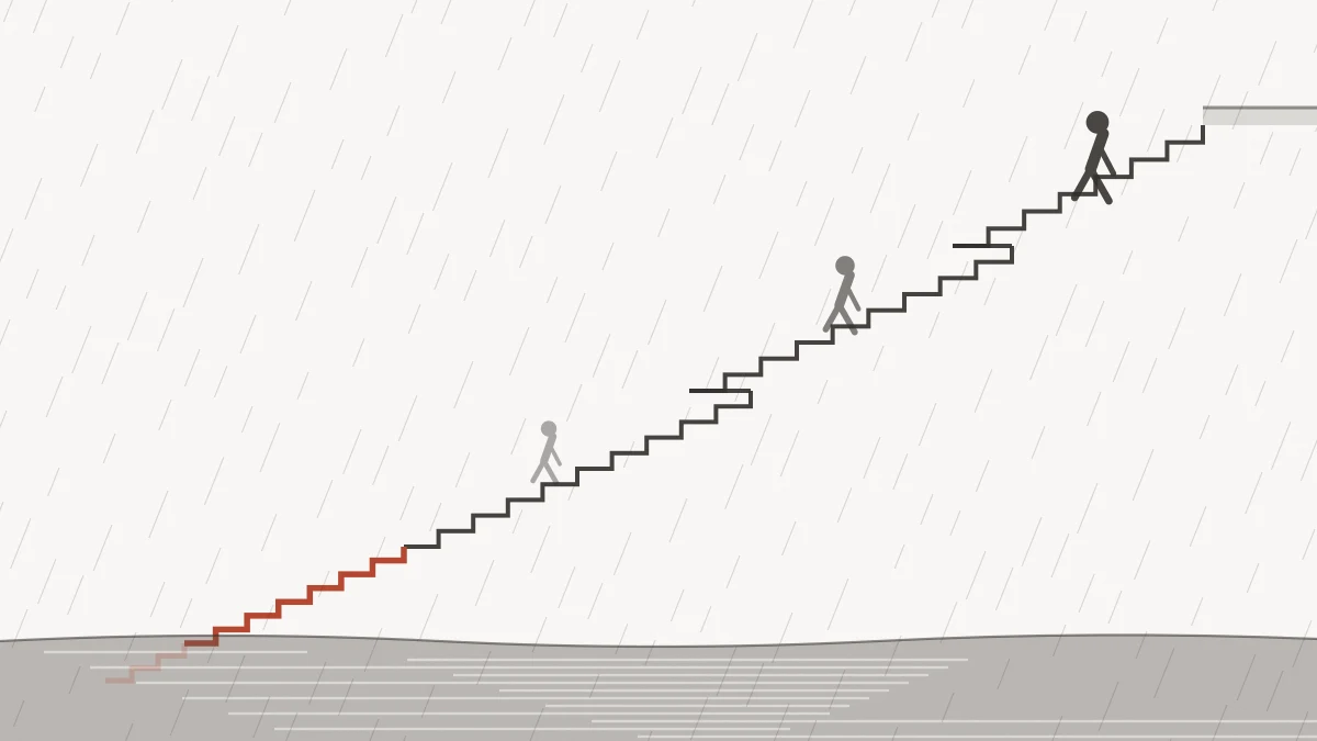 Original concept illustration — a zigzag flight of steps folding from the upper right of the frame down to the lower left, three small anonymous figures descending it, a pool of dark water gathering at the bottom, fine diagonal rain crossing the whole image