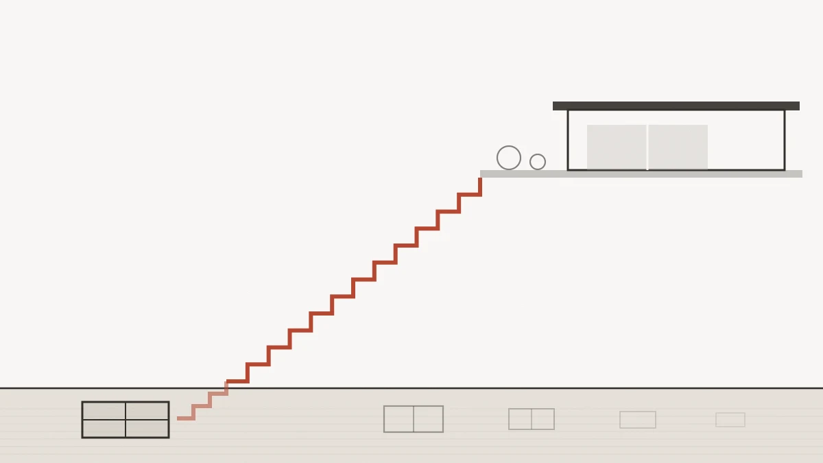 Original editorial illustration for Parasite — a long brick-red staircase descending from a wide flat-roofed house at the top of the frame, crossing a large field of cream negative space, ending at a single small window pinned below the ground line