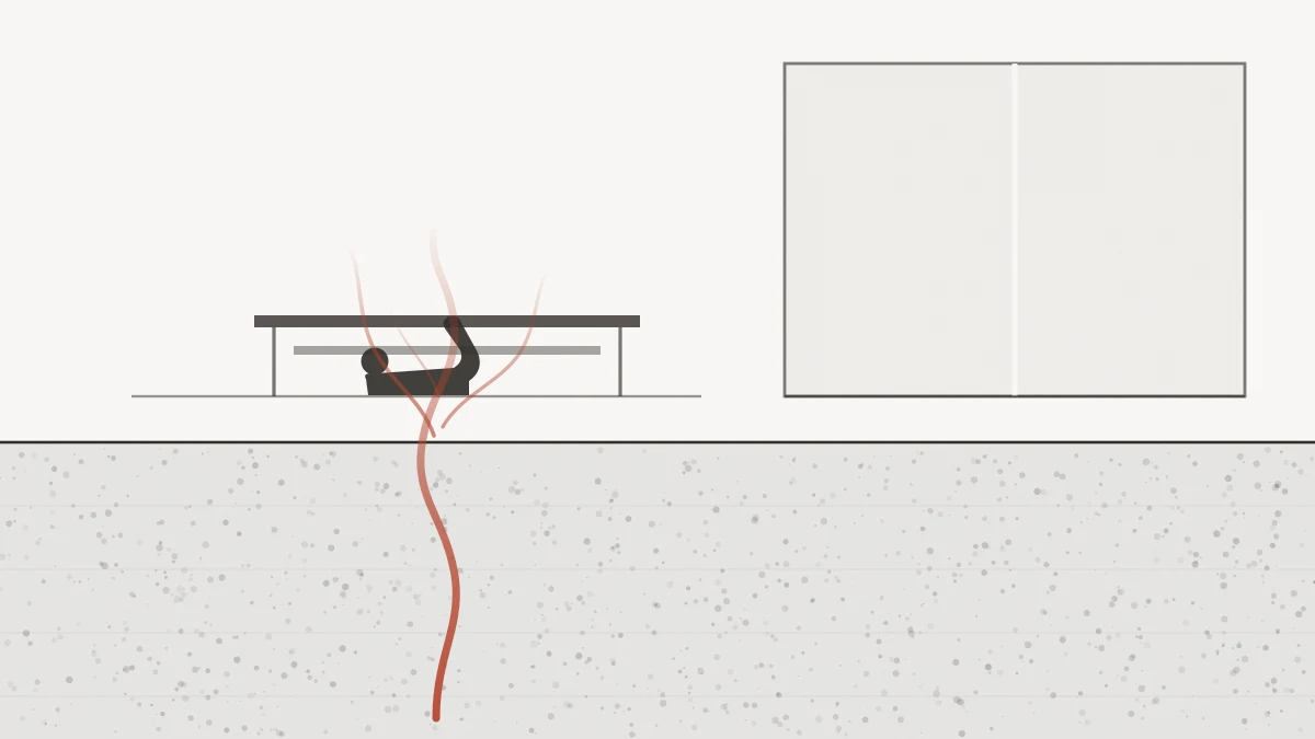 Original concept illustration — a thin horizontal rule crossing the middle of the frame, clean geometric interior of straight lines above it, a coarse-grained dark mass below it, and a thin brick-red wisp rising from the lower field and passing through the rule