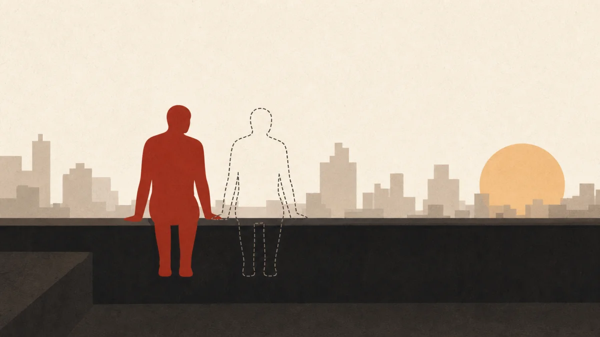 Original editorial illustration: a grown red figure sits alone on a rooftop ledge looking out over a dusk skyline, with an identically sized seated figure beside them drawn only as an empty dashed outline