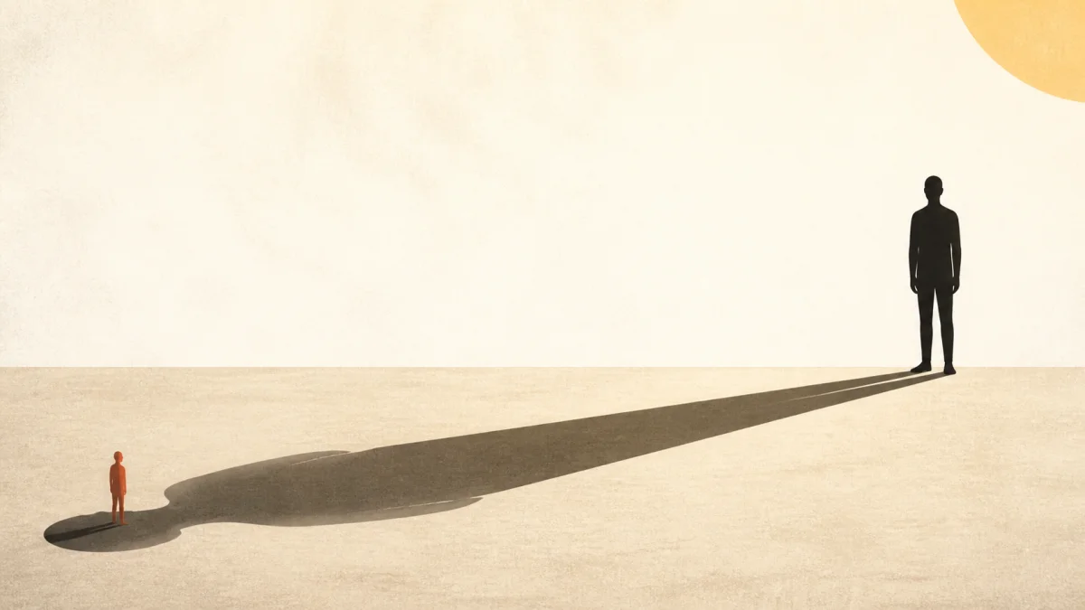 Original Spider-Man Homecoming editorial illustration of a tall figure casting a shadow across the entire frame, with a small red figure standing at its far end