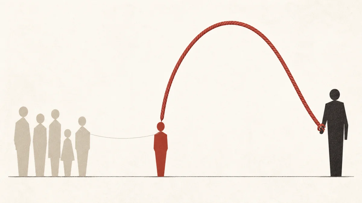 Original editorial illustration: a thin grey thread reaches from a distant crowd to a small red figure's shoulder, while a thick red cord loops high overhead and ties around the wrist of a much taller figure