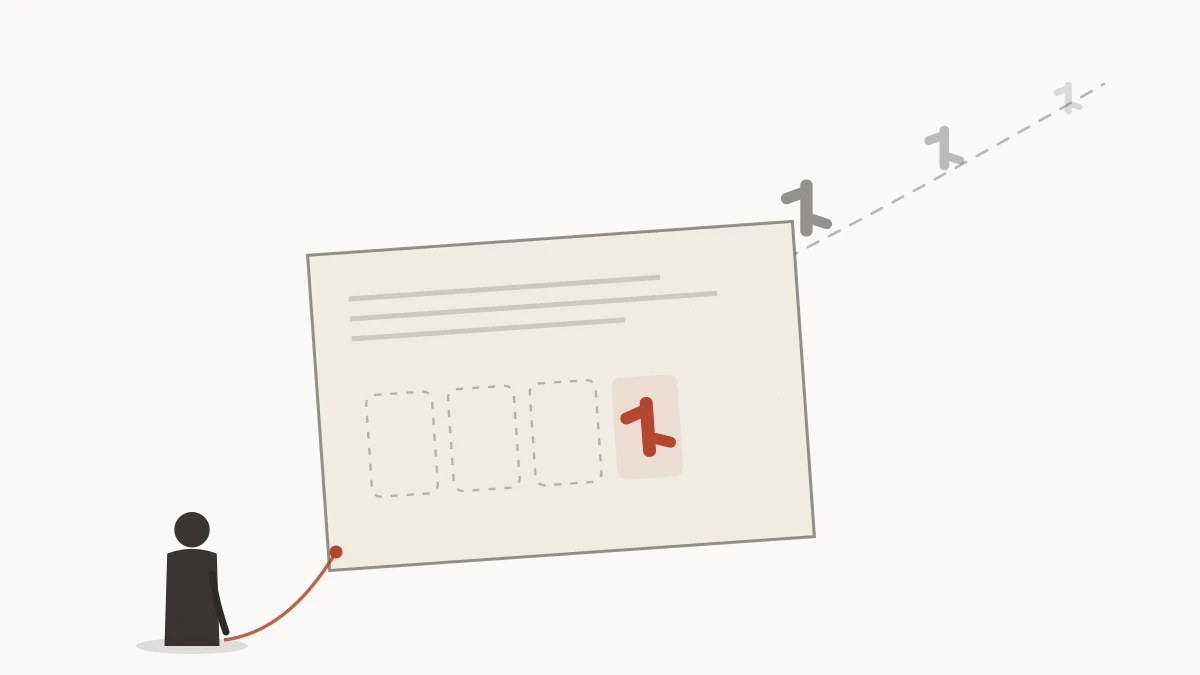 Original concept illustration — a contract with four abstract brush marks, three of them lifted off the page and drifting away, one left behind in red, with a thin line running from the document down to a small distant figure