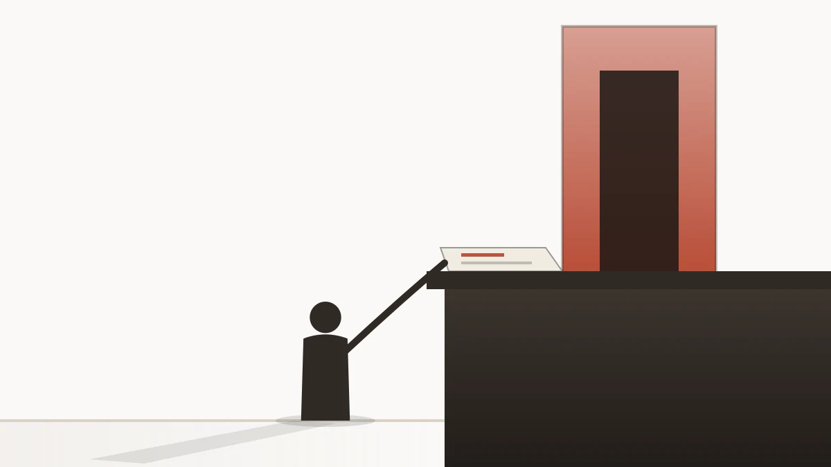 Original editorial illustration for Spirited Away — a very small figure standing at a towering reception counter, pushing a sheet of paper across the counter top, with an oversized doorway looming behind it