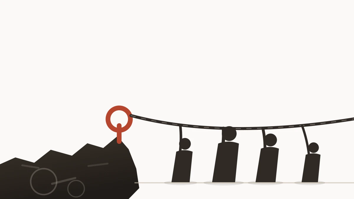 Original concept illustration — a ring-shaped handle protruding from a heavy dark mound of sludge, a rope running from it to the right, and four leaning figures of different sizes all hauling on the same rope