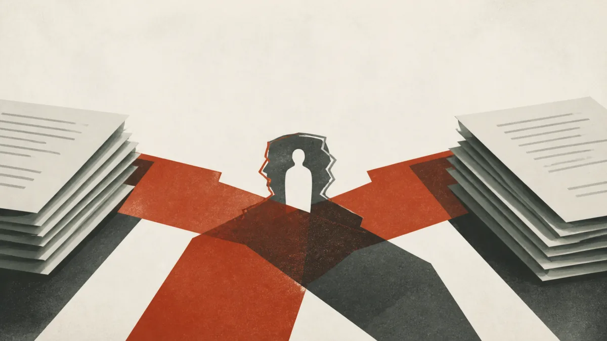 Original concept illustration — two stacks of testimony send incompatible red paths toward an anonymous central figure, producing two fractured outlines that cannot align