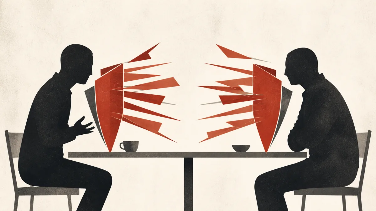 Original concept illustration — two anonymous figures sit across a table while sharp red speech forms fold into shields in front of them, leaving the space between them untouched