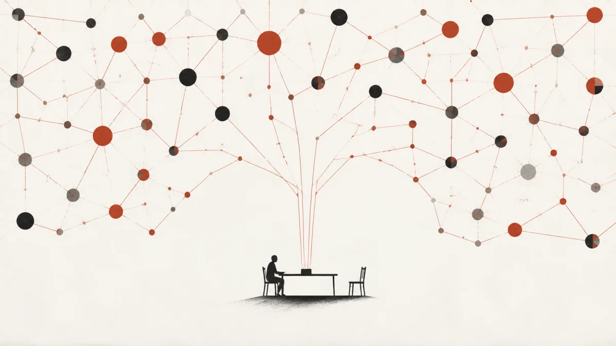 Original editorial illustration for The Social Network — a vast red-and-charcoal web grows from a small computer while an anonymous figure and an empty chair remain outside its connections